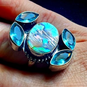 New Abalone Shell & Blue Topaz 925 Silver Ring.